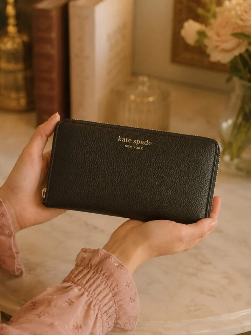Kate Spade Black Slim Continental Wallet Pebbled Leather Zip Around NWT
